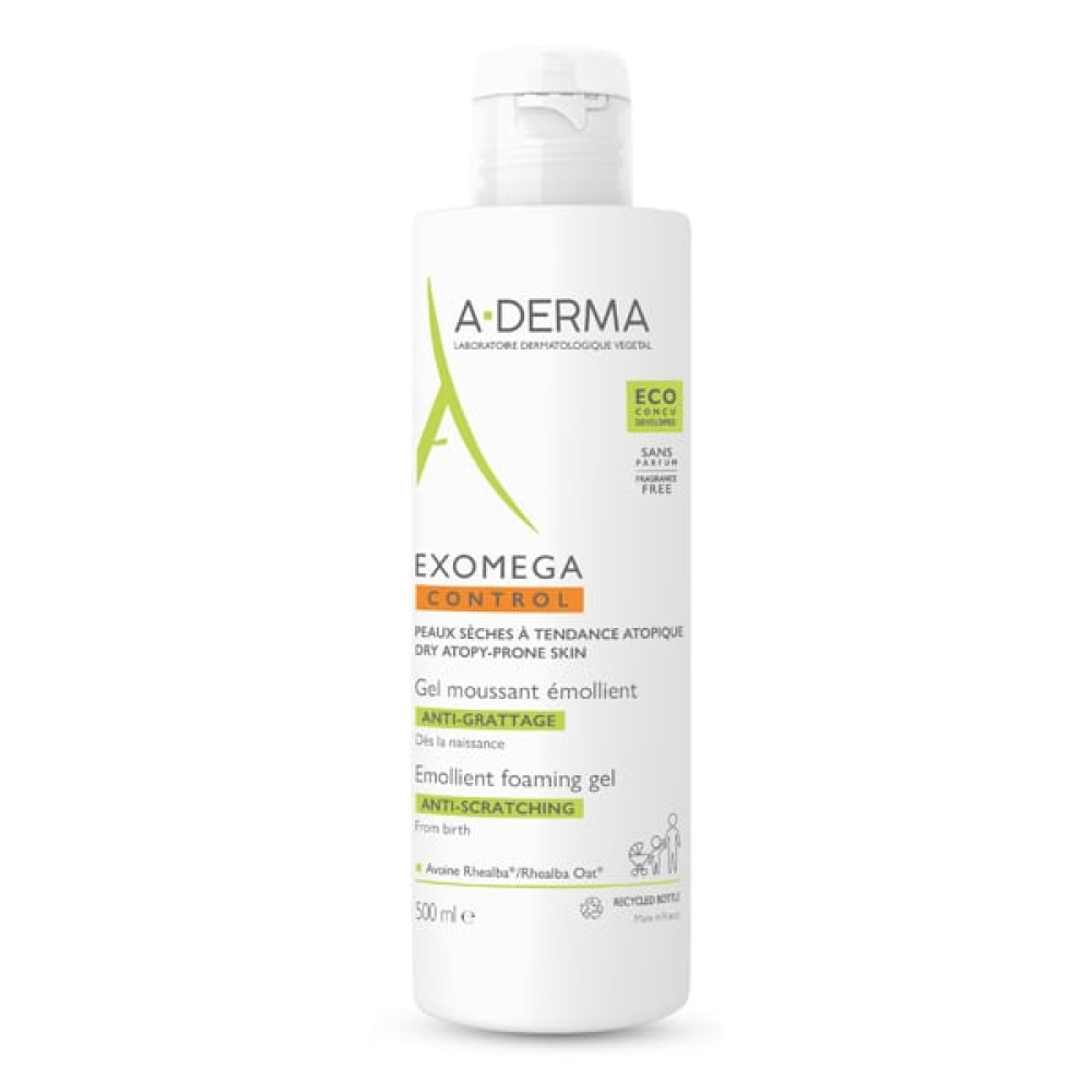 A-Derma | Exomega Control Emollient Foaming Gel | Κρεμώδης Αφρός Καθημερινής Χρήσης Για Το Ατοπικό και Πολύ Ξηρό Δέρμα | 500ml