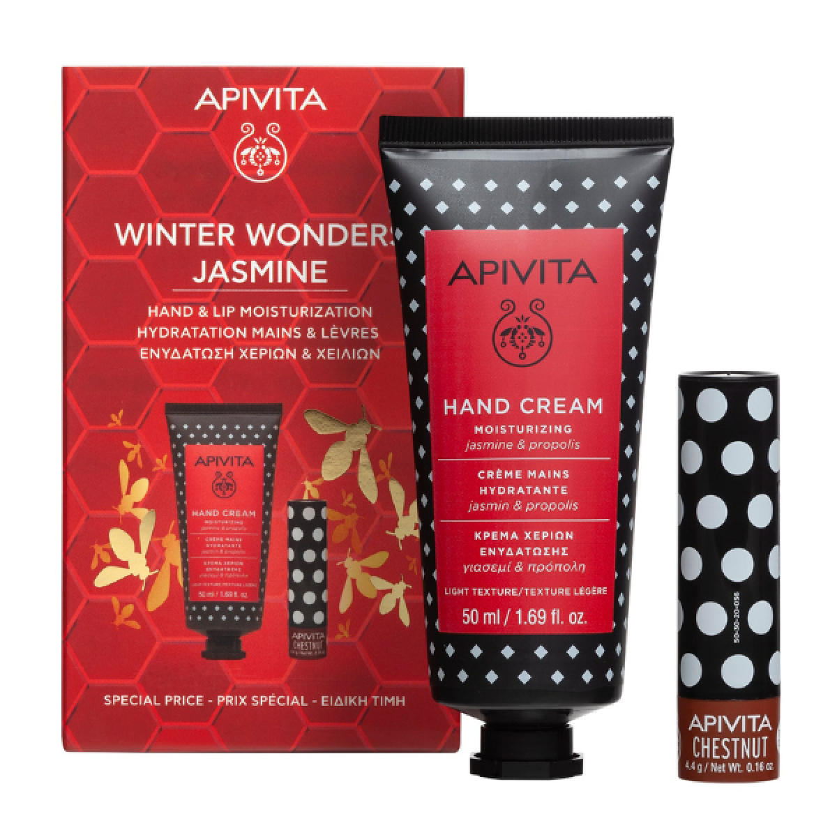 Apivita | Promo Winter Wonders Jasmine Ενυδατική κρέμα χεριών Ελαφριάς Υφής με Γιασεμί & Πρόπολη 50ml & Lip Care Chestnut 4.4gr