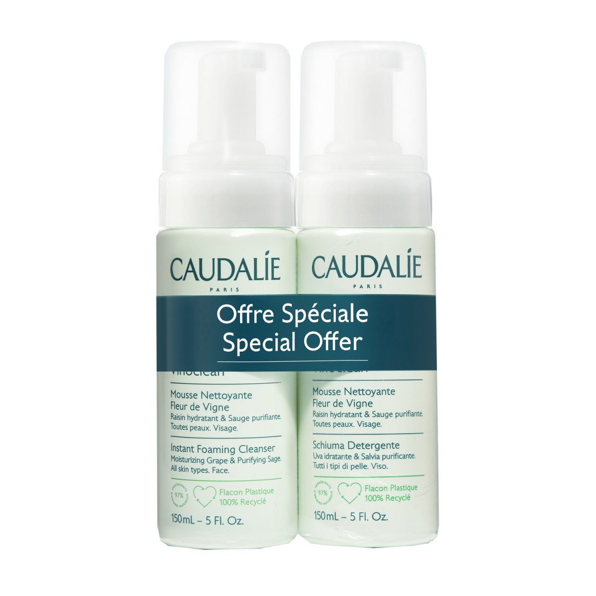 Caudalie | Vinoclean Instant Foaming Cleanser Απαλός Αφρός Καθαρισμού Προσώπου | 2x150ml