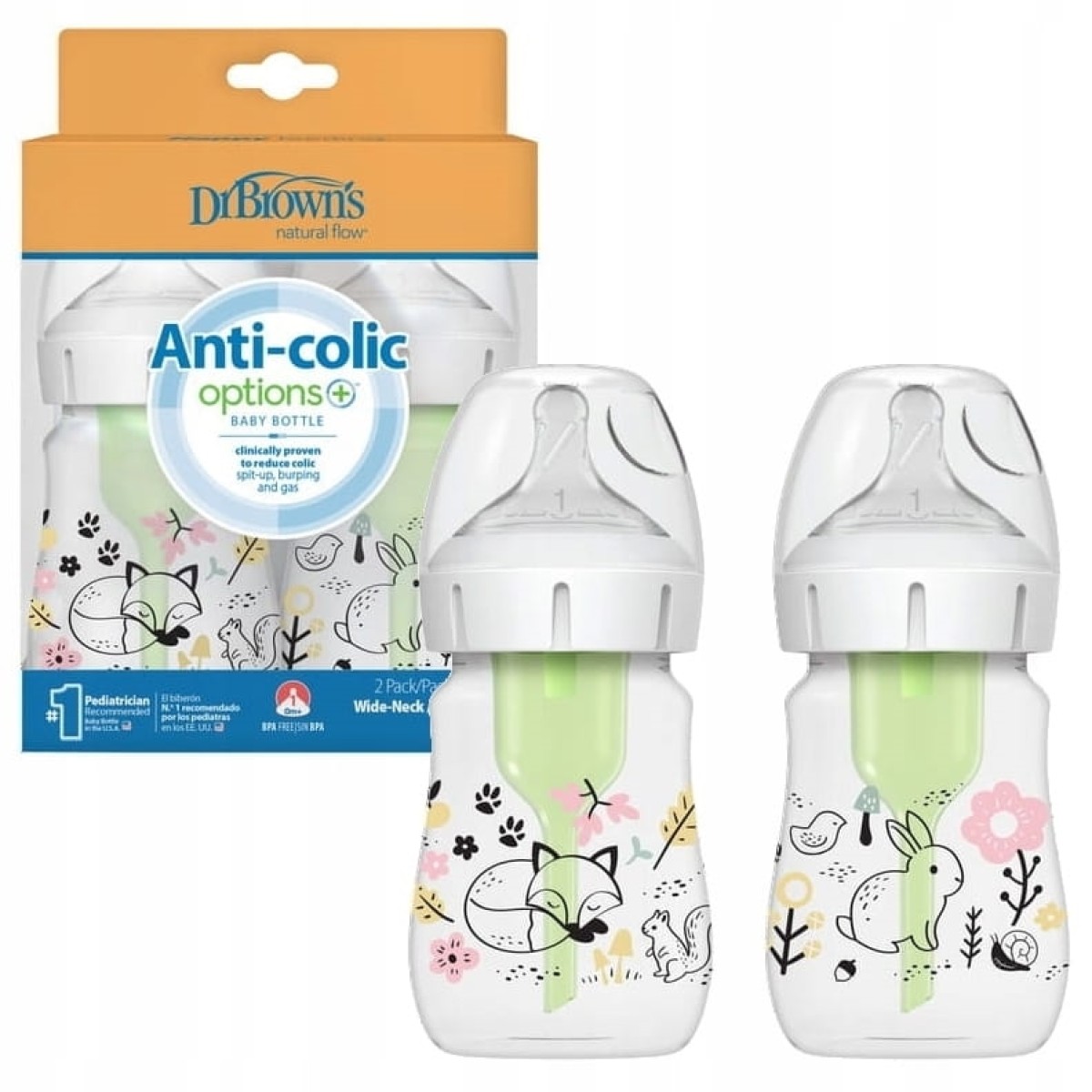 Dr. Brown's | Anti-Colic Options+ Πλαστικό Μπιμπερό Δάσος Με Φαρδύ Λαιμό για 0m+ | 2x150ml 