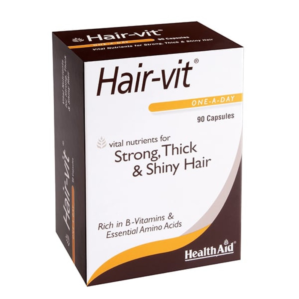 Health Aid | Hair-Vit Συμπλήρωμα Διατροφής με Βιταμίνες, Μέταλλα, Ιχνοστοιχεία και Αμινοξέα για Υγιή Μαλλιά | 90 Κάψουλες