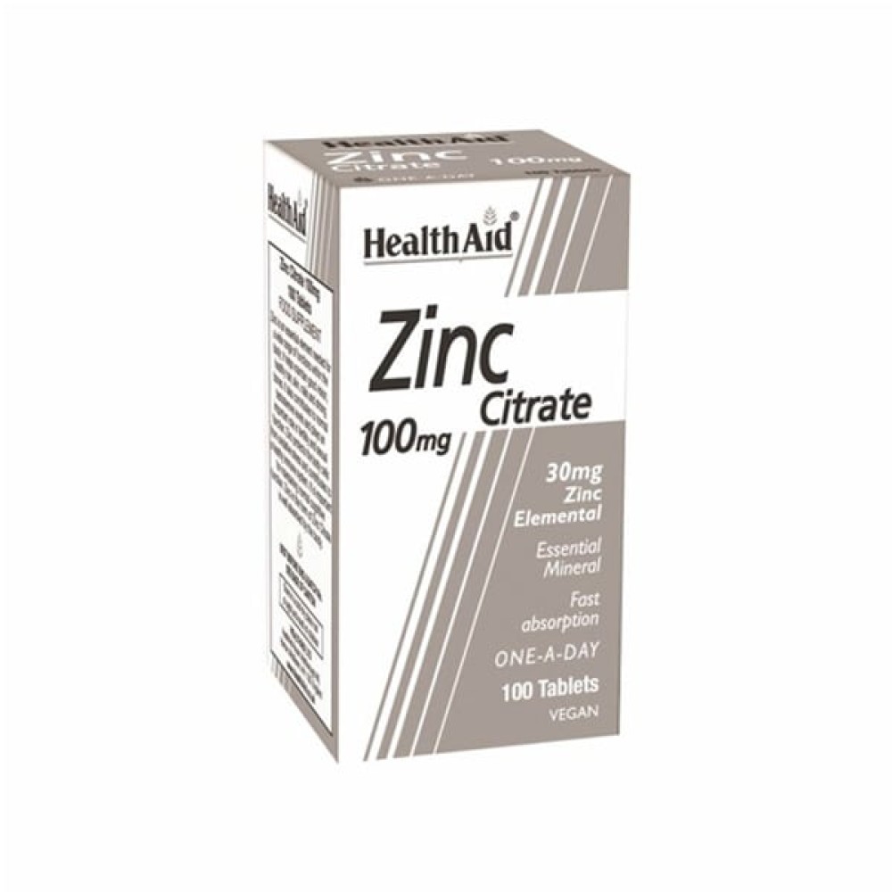 Health Aid | Zinc Citrate 100mg | Συμπλήρωμα Διατροφής με Ψευδάργυρο | 100 Ταμπλέτες