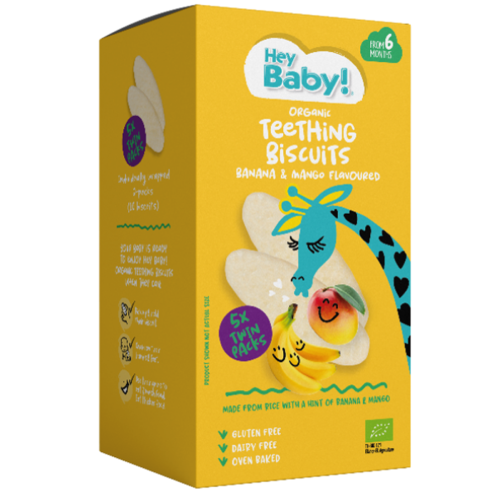 Hey Baby! | Organic Teething Biscuits Banana & Mango Flavoured Βιολογικές Ρυζογκοφρέτες με Γεύση Μπανάνα & Μάνγκο | 21g