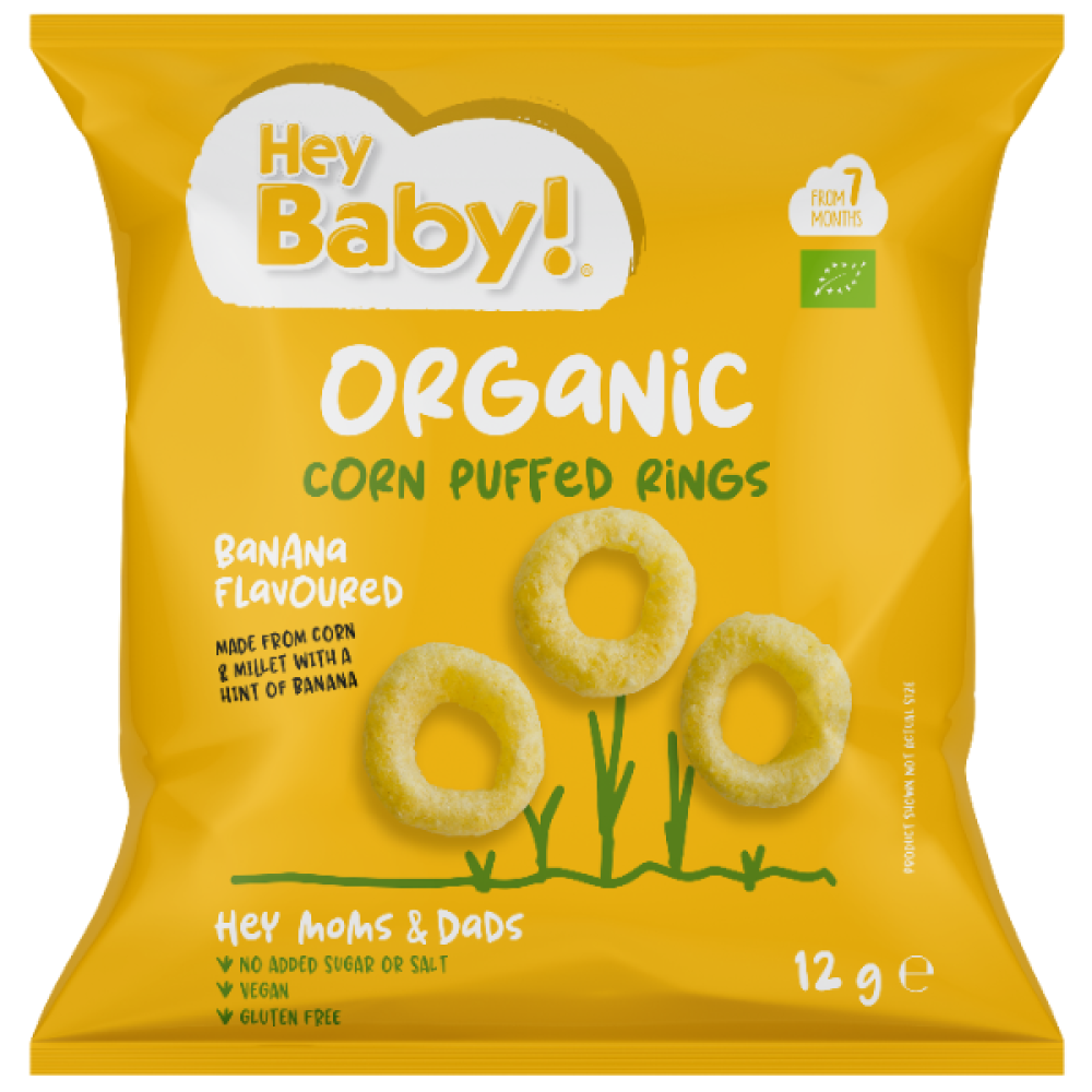 Hey Baby! | Organic Corn Puffs Banana Flavoured Βιολογικό Σνακ Καλαμποκιού με Γεύση Μπανάνα | 12g