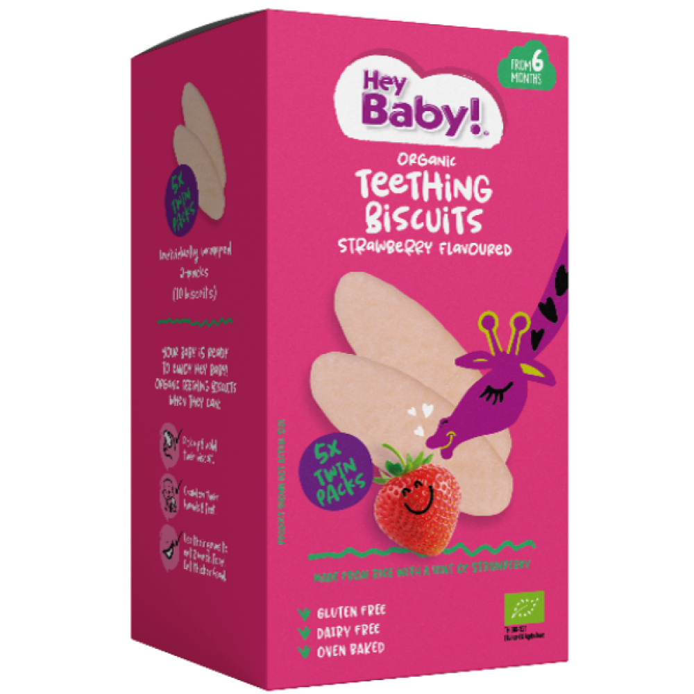 Hey Baby! | Organic Teething Biscuits Strawberry Flavoured Βιολογικές Ρυζογκοφρέτες με Γεύση Φράουλα | 21g