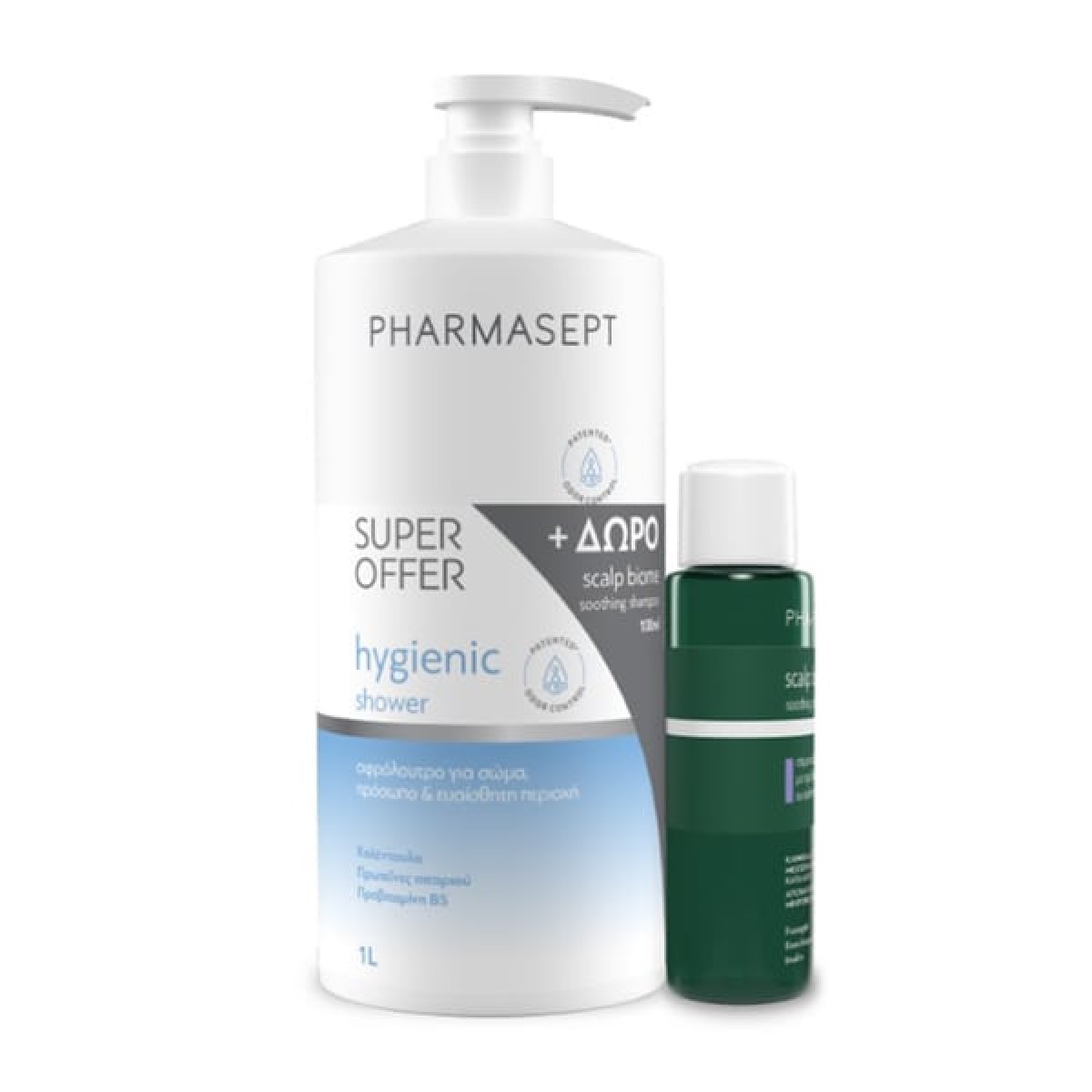  Pharmasept | Promo Hygienic Shower Αφρόλουτρο με Ήπια Αντισηπτική Δράση για Σώμα, Πρόσωπο & Ευαίσθητη Περιοχή 1lt & Δώρο Scalp Biome Soothing Shampoo 100ml 