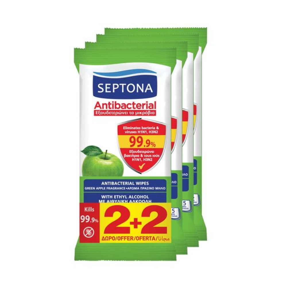 Septona | Antibacterial Wipes Αντιβακτηριδιακά Μαντηλάκια Χεριών με Άρωμα Πράσινο Μήλο 2+2 ΔΩΡΟ | 4x15τμχ