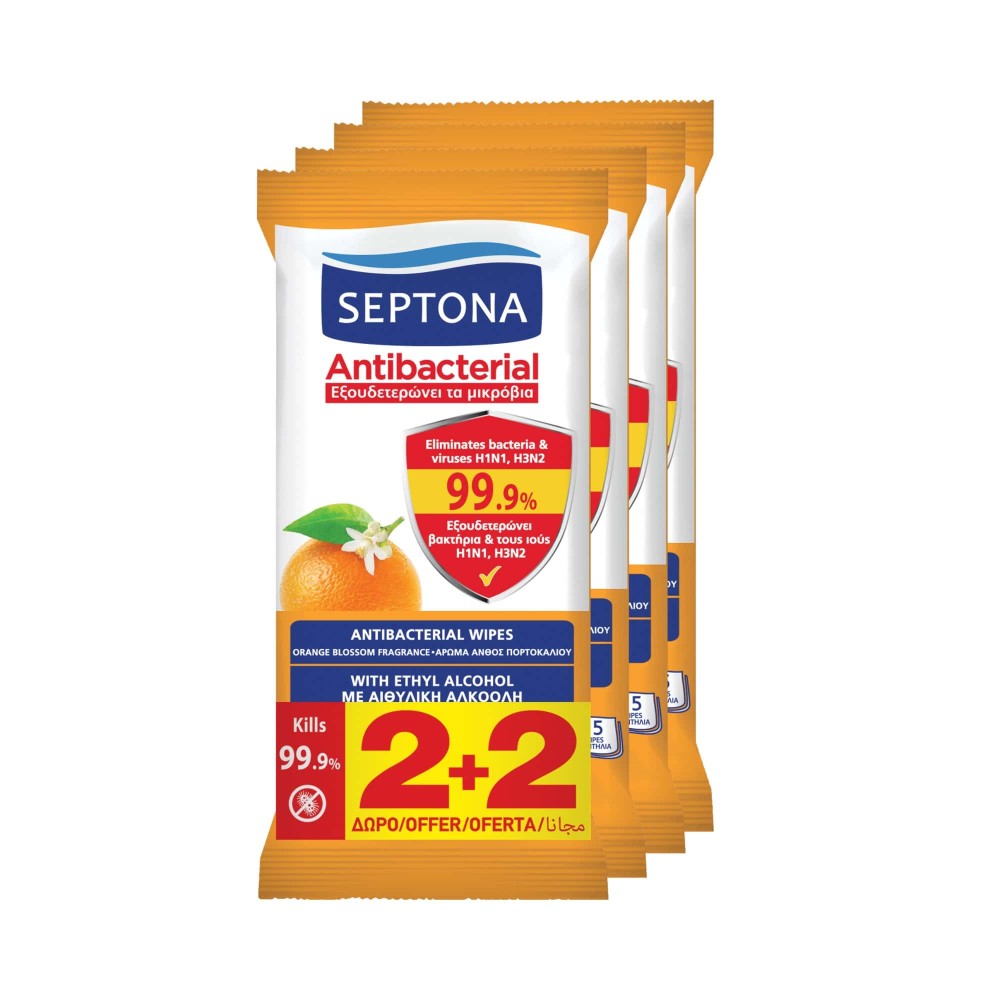 Septona | Antibacterial Wipes Αντιβακτηριδιακά Μαντηλάκια Χεριών με Άρωμα Πορτοκάλι 2+2 ΔΩΡΟ | 4x15τμχ