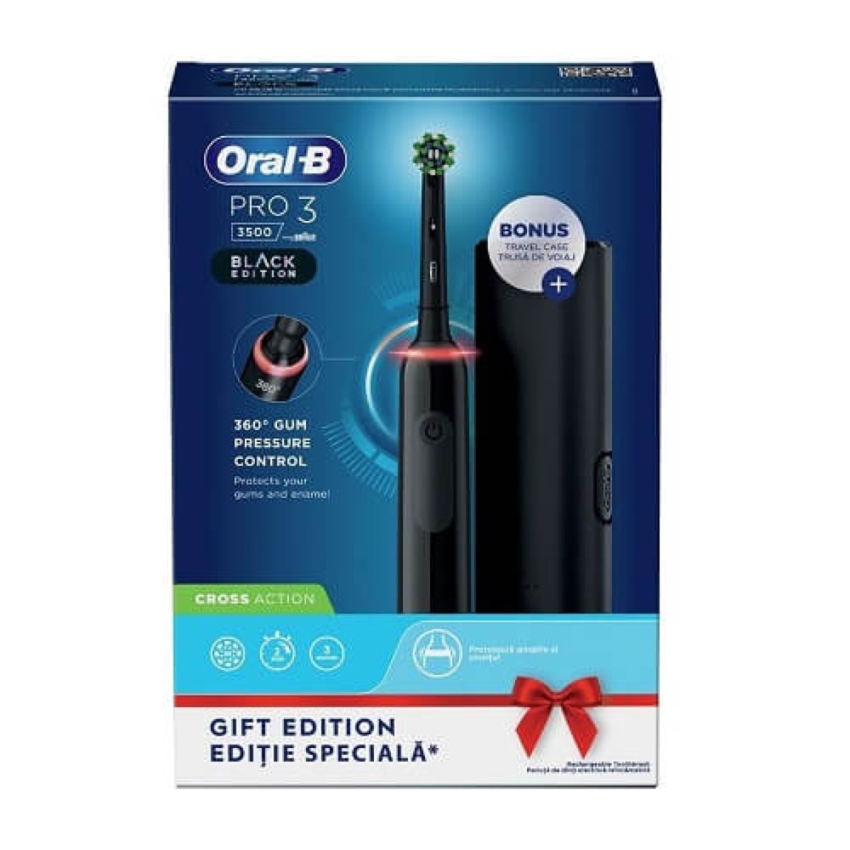 ORAL-B | Pro 3 3500 Cross Action Black Edition  |Επαναφορτιζόμενη  Ηλεκτρική Οδοντόβουρτσα & Travel Case  | 1 Τεμάχιο